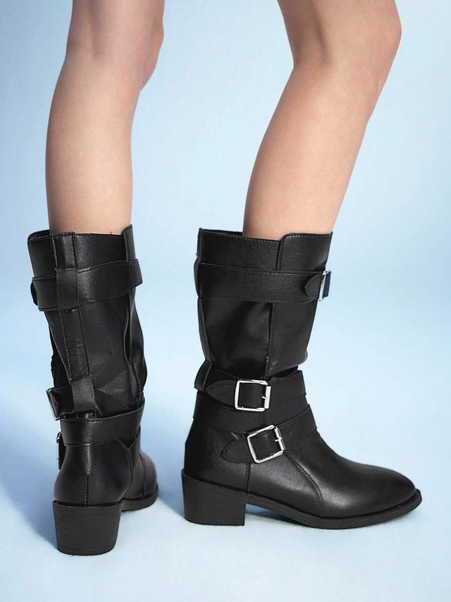 Sugerpunk 女式尖头粗跟扣带西部及膝靴，朋克哥特街头摩托车中筒靴 - 黑色 - 查看 1