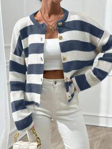 EURMUSE 女士条纹圆领前扣开衫