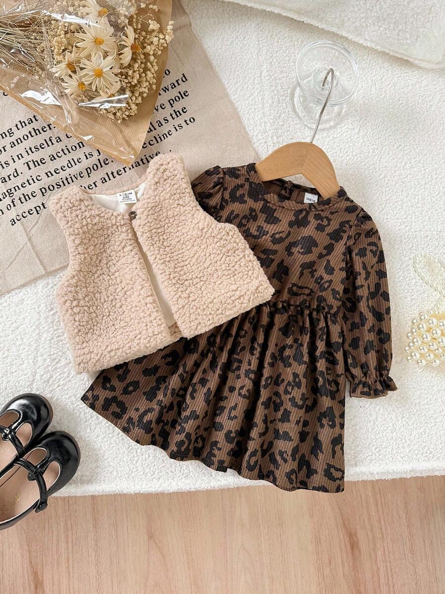SHEIN Vintaside Kids Bộ 2 áo khoác vest phong cách đồng quê cho bé gái mới biết đi + váy tay bồng bằng vải nhung kẻ, trang phục thường ngày dễ thương, dày dặn và ấm áp, tối giản thanh lịch, thu/đông - Rỉ Nâu - Xem 1