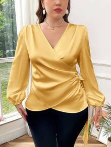 SHEIN Privé Plus Size Women Elegant Solid V-Neck Asymmetrical Pleated Faux Pearl Beaded Ruffle Hem Long Sleeve Blouse, Versatile For Work And Casual Wear, Spring/Autumn