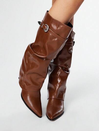 Fairycore Women's Pointed Toe Buckle Design Pleated Fashion High Heel Knee-High Boots (Skinny Leg Boots)