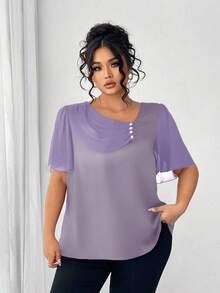 Elenzga Áo cánh tay ngắn thanh lịch cổ bèo nhún bất đối xứng cỡ lớn có nút trang trí - Bụi tím - Xem 4