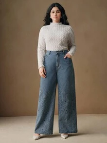 Anewsta Calça Denim Reta de Cintura Alta com Bordado e Recorte Vazado para Mulheres Plus Size, Moda para Primavera e Dia dos Namorados