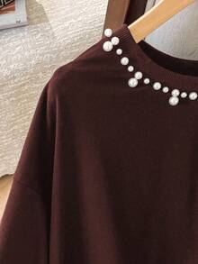 Lacomfia 女式圆领长袖宽松珍珠装饰休闲日常百搭大码运动衫 - 紅色 - 查看 5