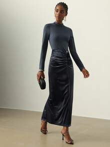 Vesra Vestido de mujer de otoño/invierno nuevo de punto ajustado con cuello alto de terciopelo, plisado y decoración floral