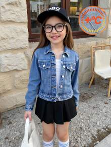 SHEIN Young Girl' Y2k Blue Denim Thermal Lined Loose Short Jacket, Autumn/Winter,Winter Outfits,Fleece Warm Coat, Street Style, Autumn Style, Autumn And Winter Coat, Party Style Fall