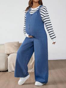 SHEIN Pregnant Fall Autumn Winter Halloween Christmas New Year Commuting Vacation Travel Old Money Style Fashionable Solid Retro Washed Women's Solid Color Knotted Strap Casual Denim Bib Pants And Blue Jumpsuit Women's Maternity Denim Overalls Adjustable Strap Wide Leg Jeans For Pregnancy Comfort