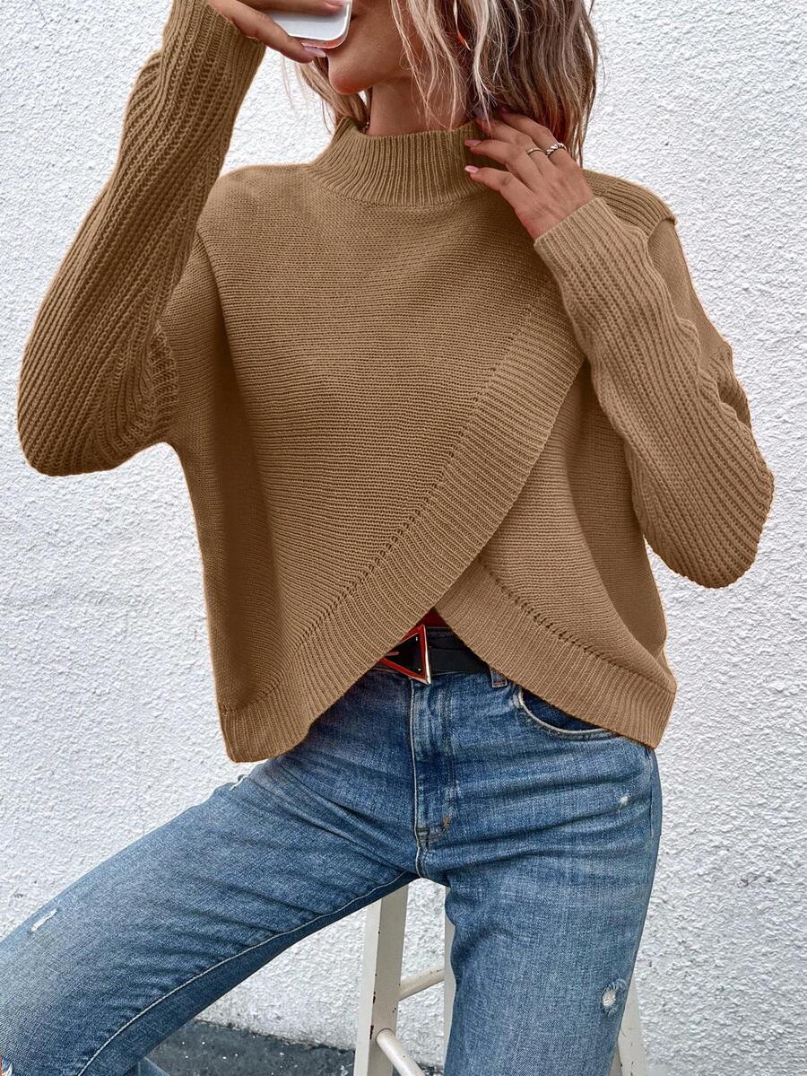 EMERY ROSE Sweater Pullover Kasual Lengan Panjang Kerah Tegak Bahu Longgar Warna Polos untuk Wanita, Musim Gugur/Dingin - Unta - View 1