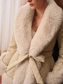 MOTF PREMIUM DAMEN PAILLETTEN PELZKRAGEN TAILLIERTER GÜRTEL GESTEPPTER WINTERMANTEL - Aprikosenfarben - Übersicht 3