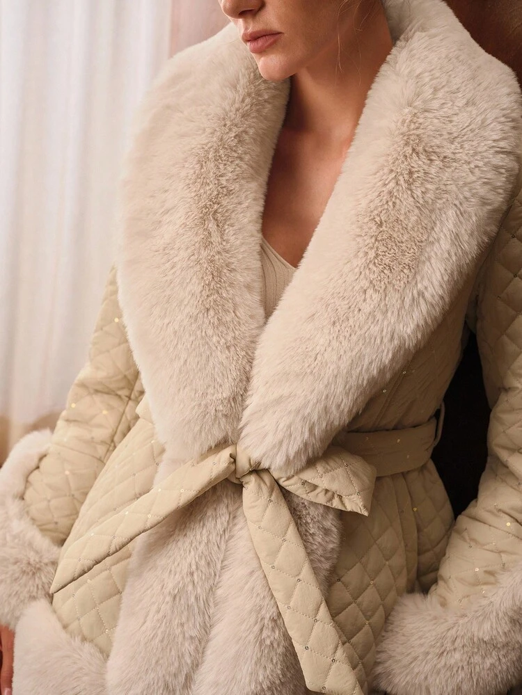 WOMEN'S SEQUIN FURRY COLLAR CINCHED WAIST BELTED QUILTED WINTER COAT