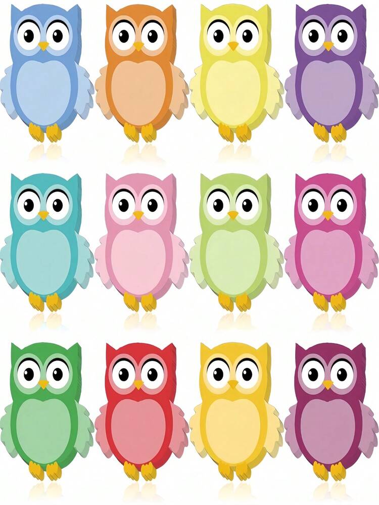 2/12pcs Cute Owl Sticky Notes - 12 Colorful Owl Designs, 30 Sheets Each, Self-Stick Memo Pads For Office, School, Home, Study & Work Reminders. - Multicolor - View 1