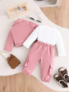 SHEIN 3pcs Baby Girl Fashionable Casual Solid Color Jacket And Pants Set, Spring/Autumn - Pink - View 2