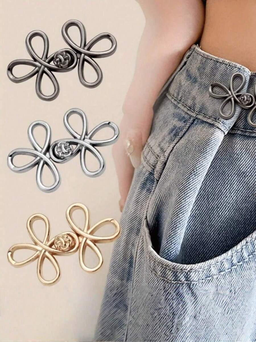 2 对金属无缝带扣腰带，可拆卸幸运结扣，适合牛仔裤和裙子，可调节时尚配饰 - 黑色、金色、银灰色、古铜色