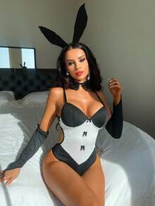 Fantasy Costume Fantasy Costume Bộ 4 món áo liền thân hình thỏ gợi cảm phối màu tương phản dễ thương. - Đen và trắng - Xem 4
