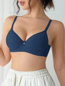 1 件女士纯色内衣文胸，带蝴蝶结装饰和钢圈 - 藍色 - 查看 5