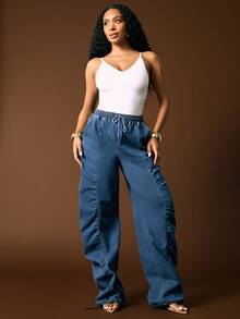 Vixey Ruched Wide Leg Drawstring Waist Denim Pants - Blue - View 3