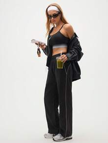 Gameset SHEIN Sport 女士时尚休闲斜口袋松紧腰运动裤 - 黑色 - 查看 7