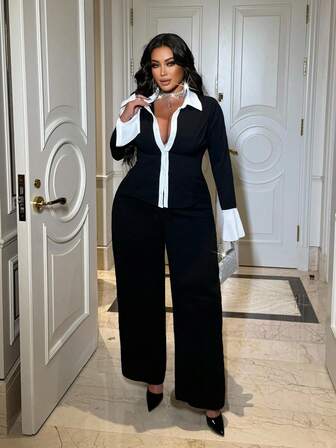 NU&NOW 加大码长袖经典修身两件套，简约法式时尚办公室装