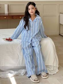 DAZY 女童条纹长袖上衣和裤子睡衣套装，秋季 - 藍色 - 查看 5