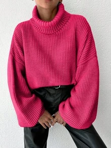 EURMUSE Women Casual Solid Color High Neck Drop Shoulder Loose Knit Sweater, Autumn/Winter - Hot Pink - View 5