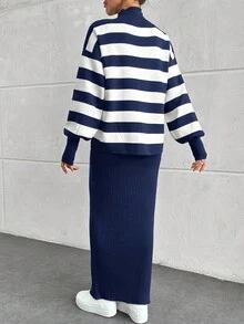 EURMUSE 2 件女式条纹立领毛衣 + 无袖毛衣连衣裙套装，秋冬 - 藏蓝色 - 查看 2
