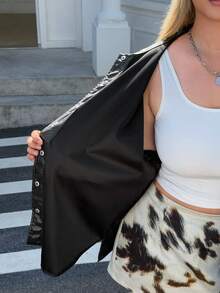 SHEIN EZwear Plus Flap Pocket Drop Shoulder PU Leather Coat, For Winter Fall Autumn - Black - View 5