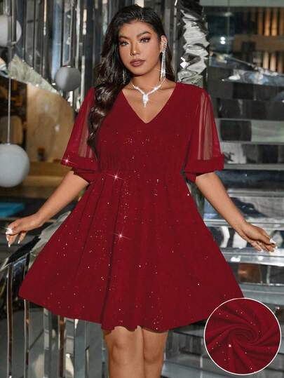 Femmeverse Plus Size Women V-Neck Mesh Ruffle Short Sleeve Shiny Elegant Dress