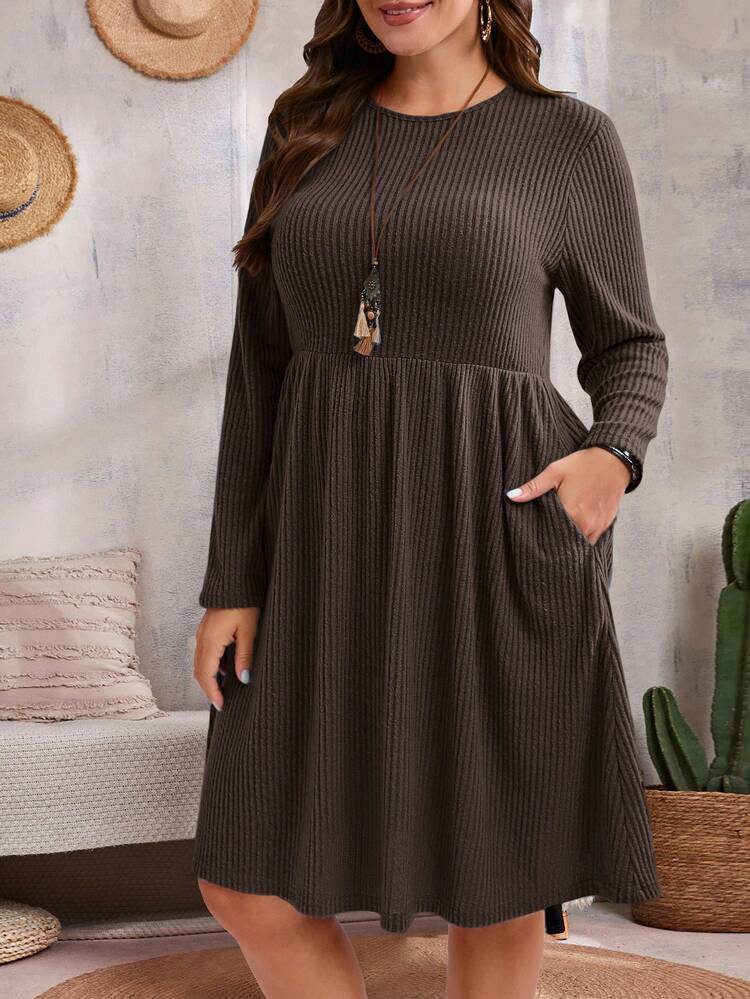 Plus Size Plain Round Neck Pocket Casual Long Sleeve Fall Dress Curve Dresses With Pockets/Fall/Winter Winter Clothes For Women Dresses For Women Elegant Christmas  Winter Dress Women New Year Look Elegant Dresses For Party  Stylish Clothing Collection Coffee Brown Dress Brown Elegant Dress Women