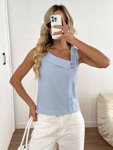 Easowa Women Asymmetrical Collar Button Decor Blue And White Striped Casual Vacation Sleeveless Shirt For Summer