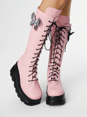 Grunge Punk Stivali alti al ginocchio da donna stile gotico con suola spessa, stile motociclista, tacco a zeppa, gambe affusolate, nuova moda autunno/inverno 2025