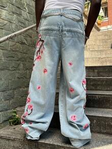 ROMWE MEN Street Life Men's Floral Embroidered Loose Fit Double-Waistband Jeans