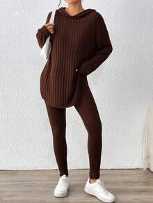 SHEIN Essnce Women's Dark Brown Autumn Casual Loungewear Solid Ribbed 2 Pieces Set,Drop Shoulder Long Sleeve Hoodie And Pants Knit Lounge Set Comfortable Outfit - Coffee Brown - View 3