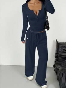 SHEIN EZwear Granatowy, dzianinowy damski, swobodny komplet z koszulką i spodniami z długim rękawem i nadrukiem w stylu jeździeckim, zapinany na guziki, do noszenia na co dzień