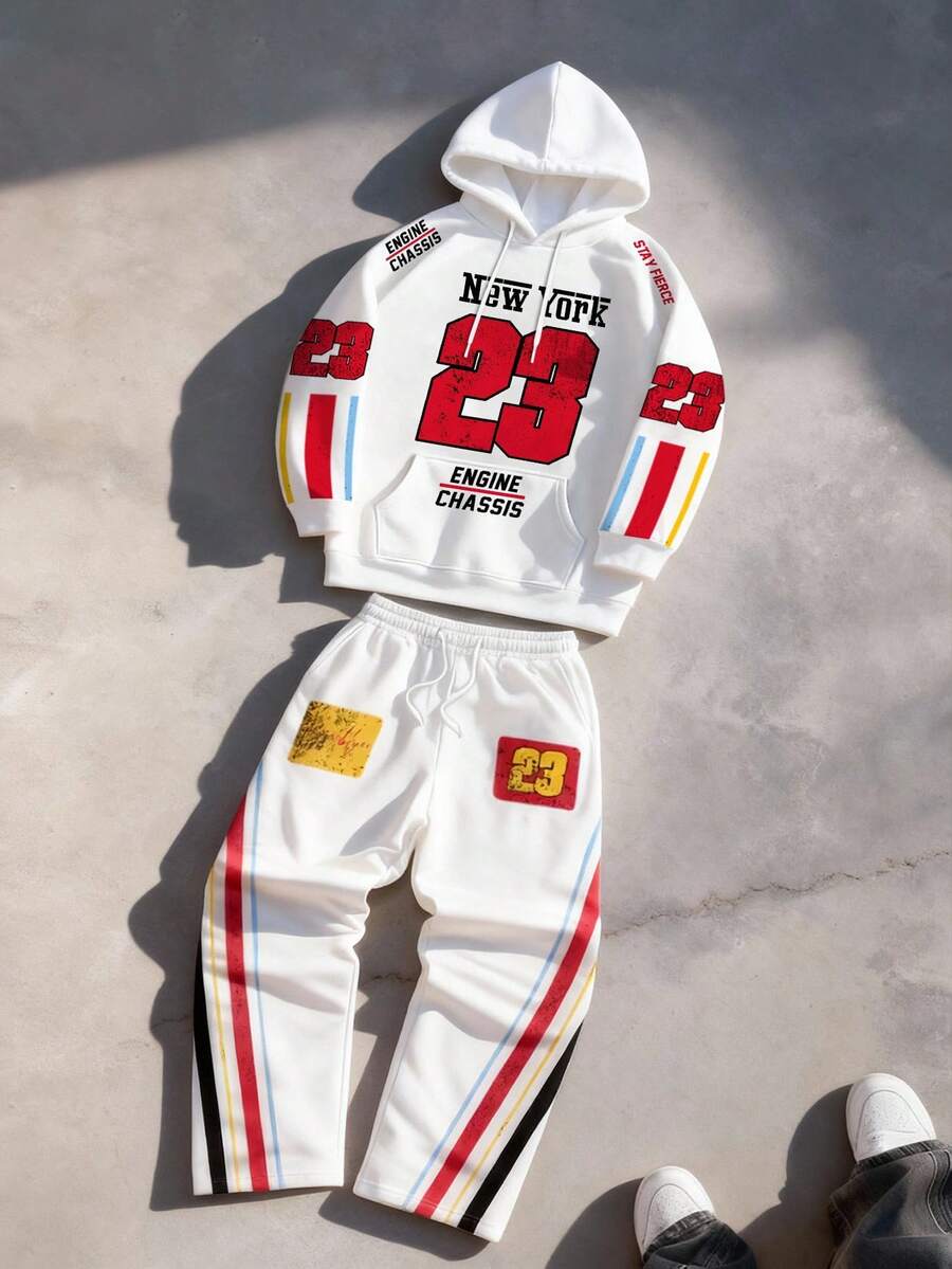 Manfinity EMRG Men's Letter Print Drawstring Hoodie And Straight Leg Pants Set, Autumn/Winter - Multicolor - View 1