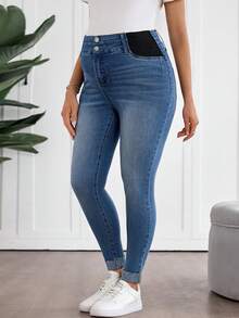 SHEIN Jeans de maternité décontracté slim fit lavés - Bleu azur - Voir 4