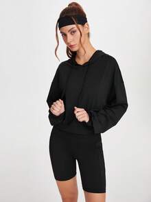SHEIN Sports 女式纯色镂空后背设计宽松长袖瑜伽健身运动衫 - 黑色 - 查看 5