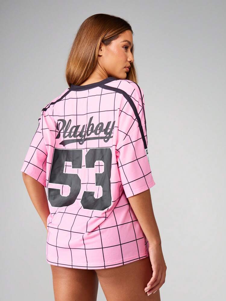 Missguided x Playboy Klasyczna sportowa koszulka piłkarska w dużym rozmiarze, wzór siatki, styl retro, numer 53, baseball, odzież uliczna, modny top