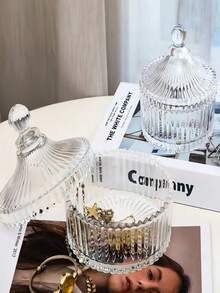 1pc Luxury, Vintage, High-End Glass Makeup Display Tray, Crown Shaped Embossed Vintage Crystal Container, Coffee Glass Candy Storage Jar, Airtight Canister,For Holiday Beach, Bathroom Collection, Bedroom Collection, Large Capacity - Multicolor - View 6