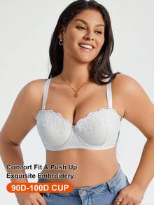 1 Áo ngực không dây đệm mút thêu vải Jacquard cỡ lớn, thoải mái, có gọng, nâng ngực - trắng - Xem 3
