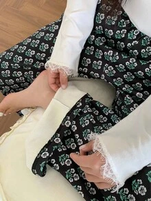 Dazy Plus Celana Tidur Ukuran Besar Motif Bunga Seluruh Permukaan dengan Lapisan Termal, Gaya Nenek, Musim Dingin - Dark Green - View 1