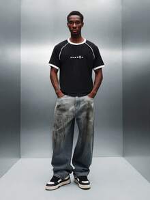 PLAYBOY X SUMWON 修身 T 恤圆领棉质平纹针织经典黑色 T 恤，撞色滚边，休闲夏季街头风格，基本款必备单品 - 黑色 - 查看 5