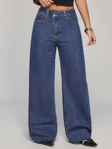 SHEIN PETITE Women's Asymmetric Waist Pocket Wide Leg Loose Casual Denim Pants ,Petite Women - Dark Wash - View 5