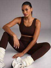 SHEIN BAE Conjunto deportivo de top corto y leggings con estampado de letras para mujer, conjunto de leggings para mujer, conjunto de ropa de gimnasio para mujer