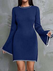 EURMUSE Women Color Block Sweater Dress With Striped Edges,Petite - Navy Blue - View 5