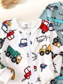 2 件套幼儿男童长袖紧身连体衣，卡通汽车图案，舒适休闲家居服，春秋 - 彩色 - 查看 5