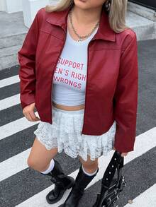 SHEIN EZwear 情人节大码女式休闲拉链前红色长袖夹克，适合圣诞节和冬季 - 酒紅色 - 查看 1