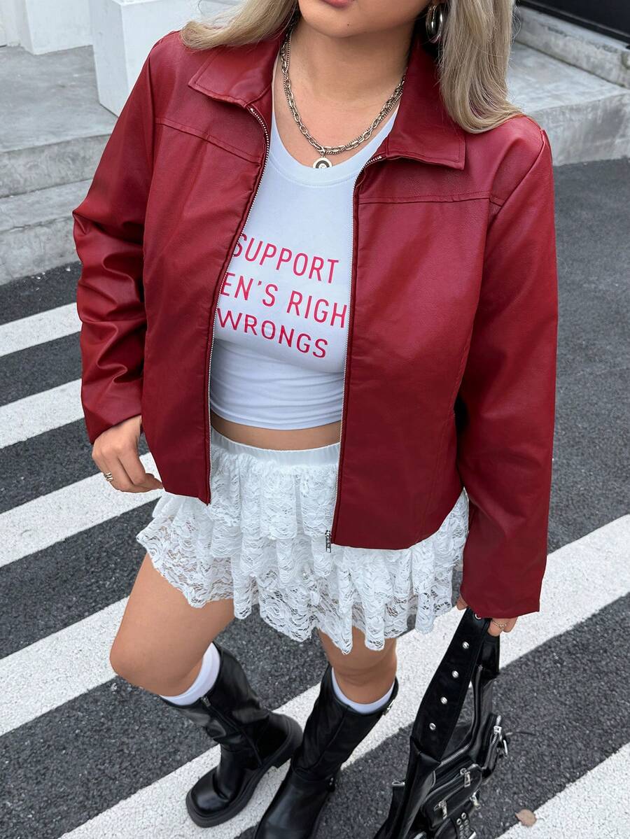 SHEIN EZwear 情人节大码女式休闲拉链前红色长袖夹克，适合圣诞节和冬季 - 酒紅色 - 查看 1