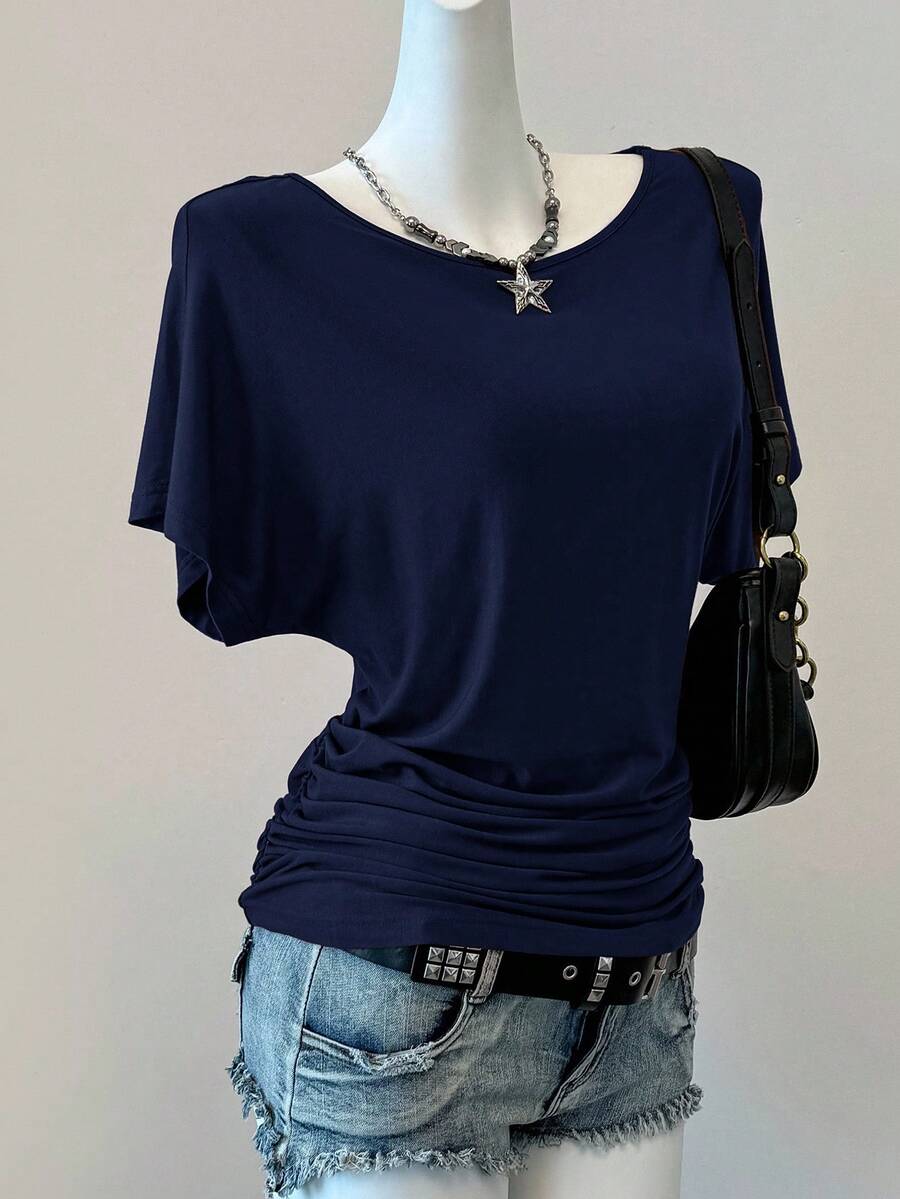 SHEIN EZwear Áo thun nữ tay ngắn cổ tròn xếp ly màu xanh navy dệt kim trơn - Màu xanh hải quân - Xem 1
