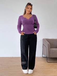 Solflare Plus Size Lilac Snow Washed Notch Neck T-Shirt - Lilac Purple - View 3
