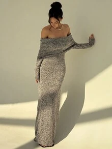 Aloruh Vestido largo de mujer elegante con hombros descubiertos y falso pelo, para otoño/invierno - Caqui - Ver 6